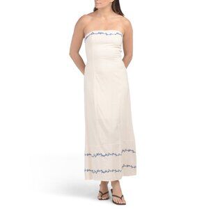 JAPNA Blue/ivory Linen Blend Embroidered Strapless Maxi Dress